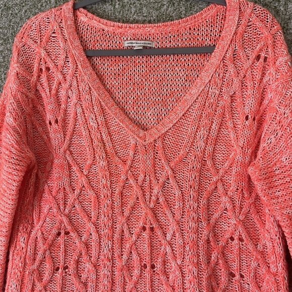 American Eagle Sweater Womens Medium Neon Orange Open Knit V Neck Tunic College - Picture 2 of 11
